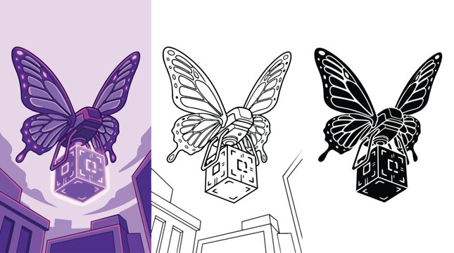 Mystical purple butterfly carrying a glowing magic cube, enchanting fantasy insect delivering a mysterious geometric box, vector illustration set for magical themes and game design