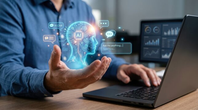 Business person interacting with a futuristic AI chatbot digital interface hologram