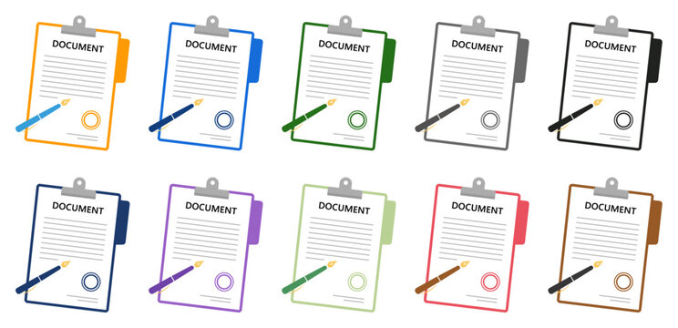 Clipboard document checklist collection with pencil writing symbols, office paperwork icons, contract forms, approval sheets, signature.