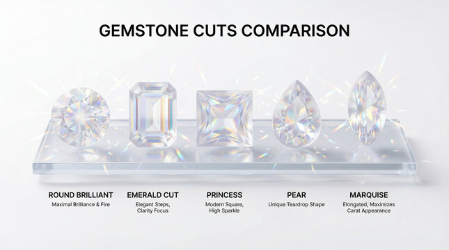 3d jewelry infographic comparing round brilliant emerald princess pear marquise gemstone cuts for diamond retail education buyer guides luxury marketing product comparison content visual references