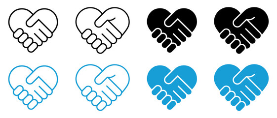 Obraz premium heart handshake symbols in outline and solid styles representing unity, partnership, teamwork, friendship, support, and agreement.