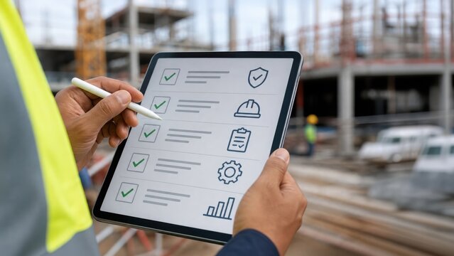 A construction worker uses a tablet to manage tasks on-site, showcasing a checklist with icons for safety and progress.