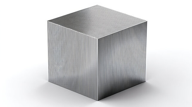 Minimal metallic cube with vertical line texture isolated on clean white background, futuristic geometric 3D render with silver industrial surface and modern luxury design, abstract technology concept