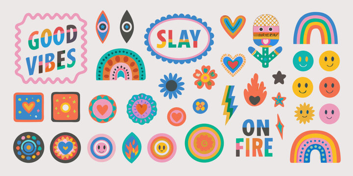 collection of colorful stickers with positive phrases and symbols high quality professional detailed modern elegant