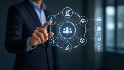 Fototapeta premium A professional individual interacting with digital icons, representing teamwork, analytics, and innovation in a modern business environment.
