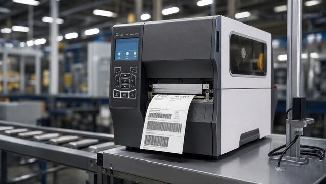 A modern label printer in a warehouse setting, displaying a barcode label, showcasing advanced printing technology and industrial efficiency.