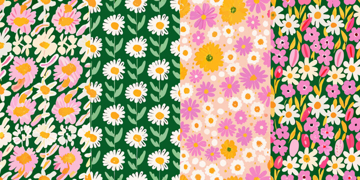 Repeating floral pattern with colorful daisy like blooms on a divided background high quality professional