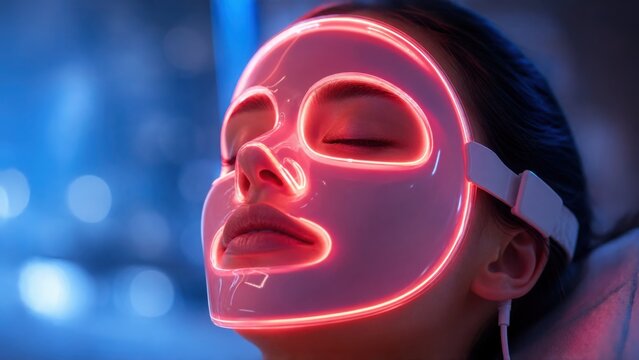 A serene individual uses a glowing LED face mask, promoting skincare and relaxation in a soothing atmosphere.