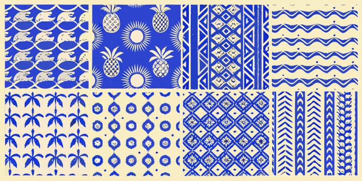 Retro style seamless pattern with pineapples geometric shapes and wavy lines in blue and cream