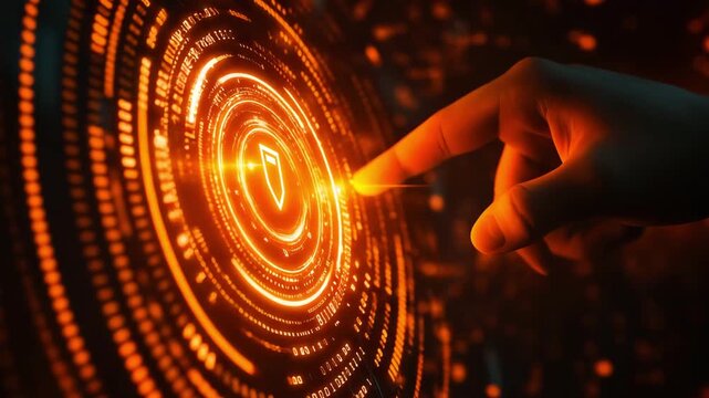 A hand reaches out to touch a glowing digital interface with security symbols and data flowing in a tech environment