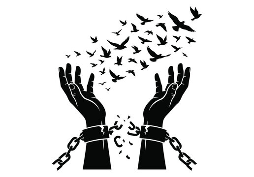 Black silhouette of hands breaking free from chains with birds flying out