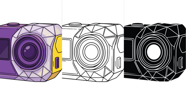 Geometric action camera vector set, modern polygonal sports camera illustration, adventure and extreme sports photography equipment, digital technology icon collection