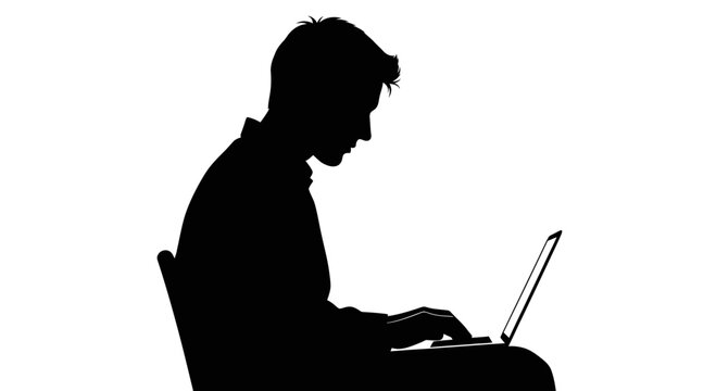 Silhouette of a man sitting and working on a laptop computer, isolated on a white background