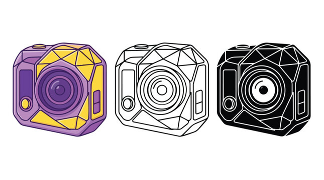 Geometric action camera vector set, modern polygonal sports camera illustration, adventure and extreme sports photography equipment, 3 digital camera icons for tech and travel designs.