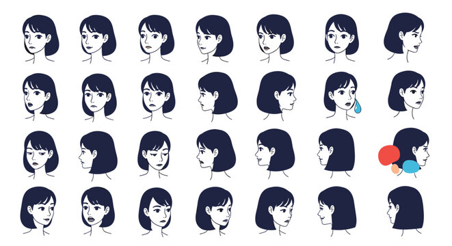 Character design sheet showing a girl's head from multiple angles and with various facial expressions to illustrate different emotions.