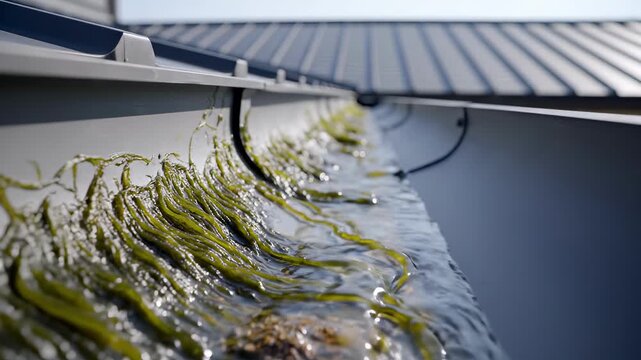 Water flowing mossy roof gutter. Green algae drainage system house. Home maintenance concept