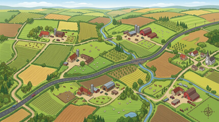 Fototapeta premium Aerial view of a picturesque rural landscape with farms and fields.