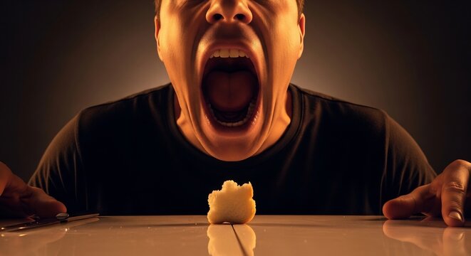 Man Screaming Frustratedly at a Single Cracker on Table.