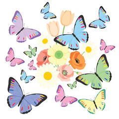 Colorful butterflies flying around flowers 1. © Link