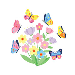 Colorful butterflies flying around flowers. © Link