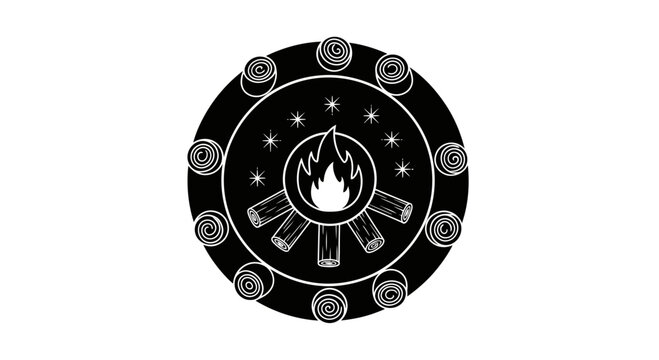 Circular Campfire Illustration with Logs and Stars Silhouette, Outdoor Camping Vector Icon