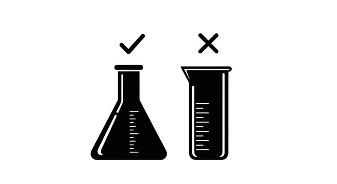 Laboratory Glassware Icons with Checkmark and Cross Sign, Science Equipment Selection Concept