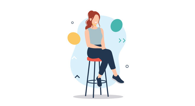 Stylish young woman sitting comfortably on a high red stool against a minimalist background with colorful abstract shapes and elements.