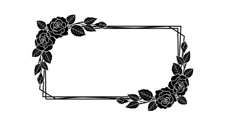 Elegant Rectangular Frame with Black Rose Silhouette Floral Border and Leaves Illustration for Wedding and Greeting Card Design