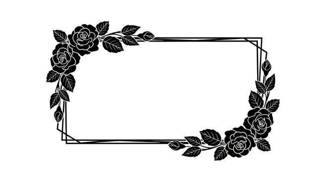 Elegant Rectangular Frame with Black Rose Silhouette Floral Border and Leaves Illustration for Wedding and Greeting Card Design
