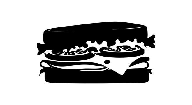 Black and white vector illustration of a delicious layered sandwich with lettuce, tomato, cheese, and ham, isolated on a white background.