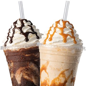 frozen coffee and caramel frappes with whipped cream and drizzled toppings in plastic takeaway cups on transparent background