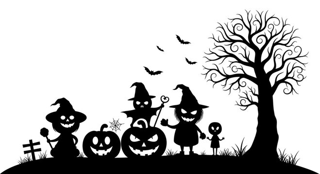 Spooky Halloween monsters and pumpkins silhouette with a gnarled tree
