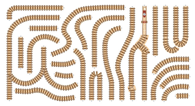 Comprehensive set of wooden toy train track pieces including curves, straights, switches, and a bridge on a white background.