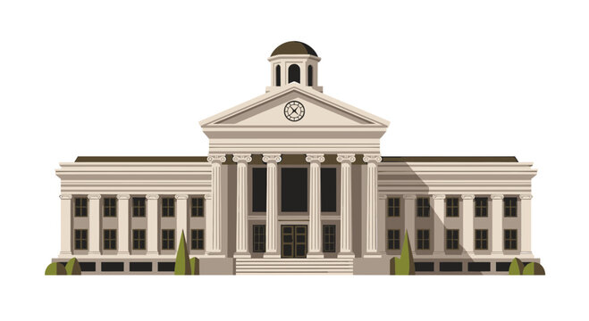 Neoclassical courthouse building with columns and clock tower