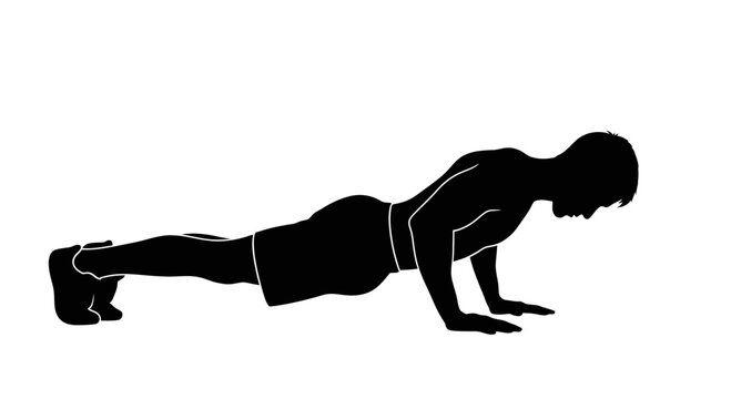 Black silhouette of a man performing push-ups, symbolizing fitness, strength training, and bodyweight exercise