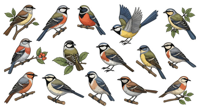 Set of Detailed Garden Birds and Songbirds on Branches