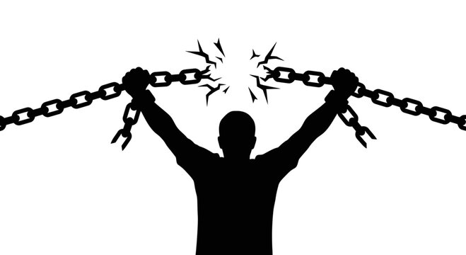 Silhouette of a Man Breaking Metal Chains for Freedom, Liberation and Success Concept Illustration