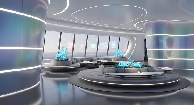 Futuristic interior design with glowing blue plants and modern furniture in sleek room