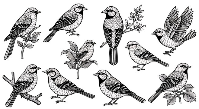 Vintage bird collection with sparrows and finches on tree branches