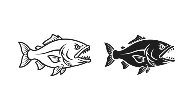 Aggressive predatory fish logo icon with sharp teeth in both outline and solid black silhouette for fishing brand or sports team mascot design