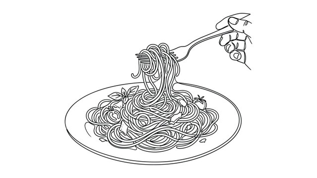 continuous line drawing A plate of spaghetti with fork.