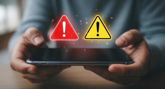 Digital alert notifications on smartphone screen with warning triangles overlay