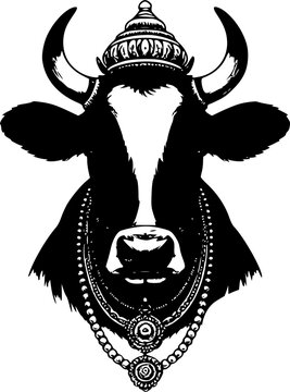  Sacred Indian cow face portrait with decorative crown and necklace, holy Hindu Gaumata bold black and white vector illustration for religious festival and spiritual print design