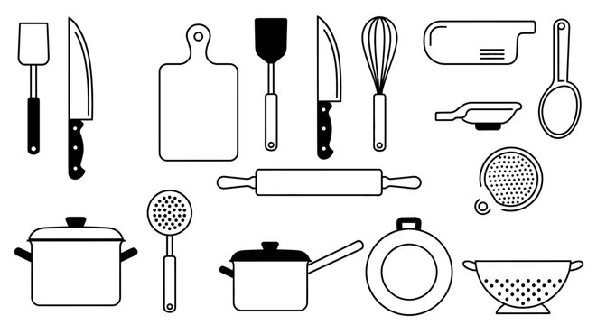 Essential kitchen tools illustrated in black and white for culinary concepts