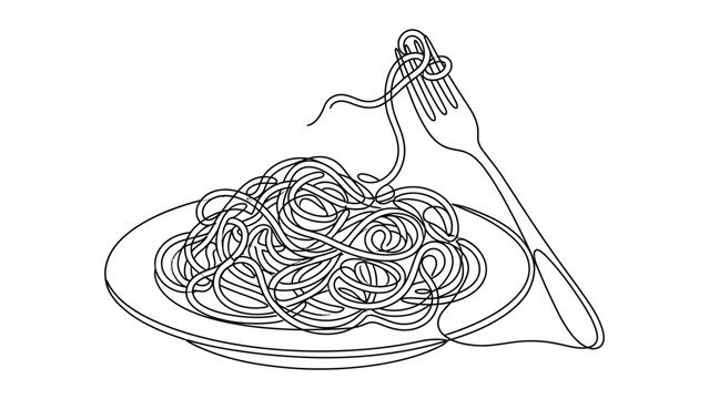 continuous line drawing A plate of spaghetti with fork.