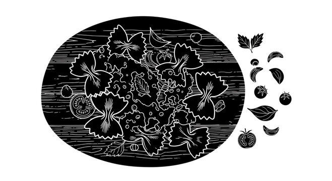 Farfalle pasta dish with tomatoes and basil in woodcut style