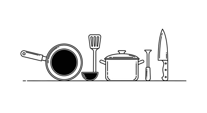 Line art kitchen utensils frying pan ladle pot knife spatula vector illustration