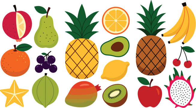 Tropical fruits collection set featuring pineapple banana orange kiwi dragon fruit and avocado, colorful flat vector illustration for healthy food design