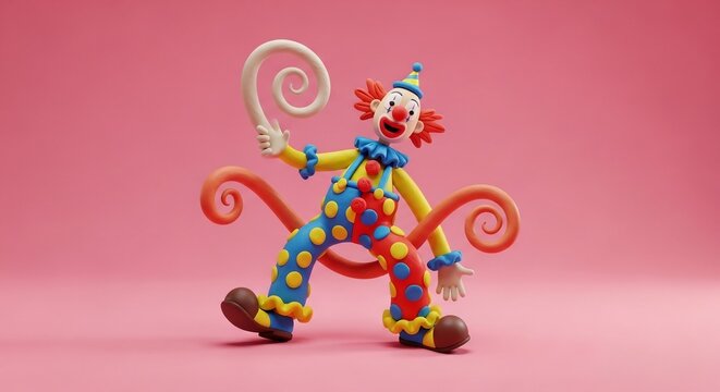 Whimsical Claymation Clown with Swirling Lollipop on Pink Background.