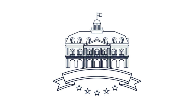 Classic architectural building line art icon with decorative ribbon and stars.